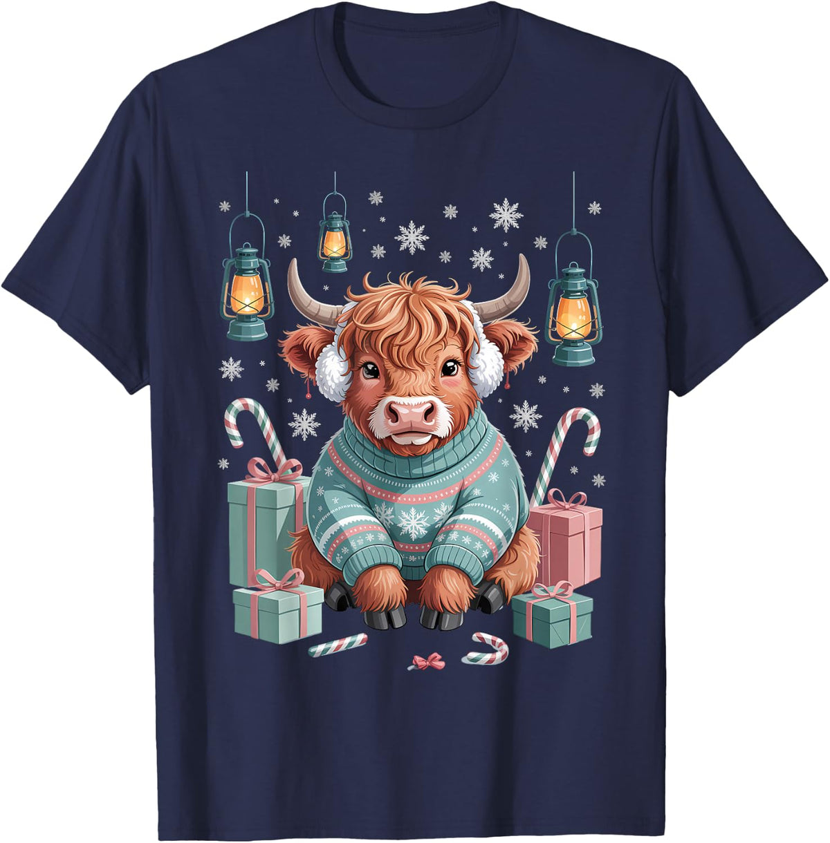 Adorable Highland Cow in Winter Sweater T-Shirt - Navy Blue