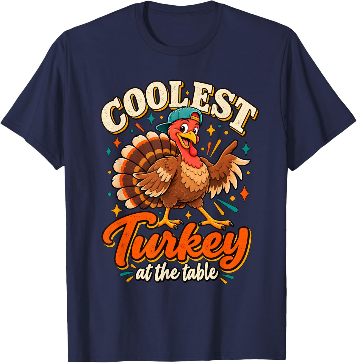 Thanksgiving Funny Turkey Cartoon Colorful Family Dinner T-Shirt - Navy Blue