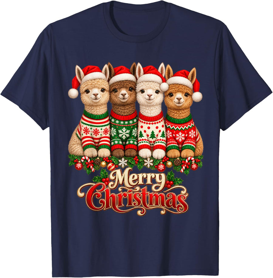 Merry Christmas Alpaca Santa Hat Holiday Animal Lover T-Shirt - Navy Blue