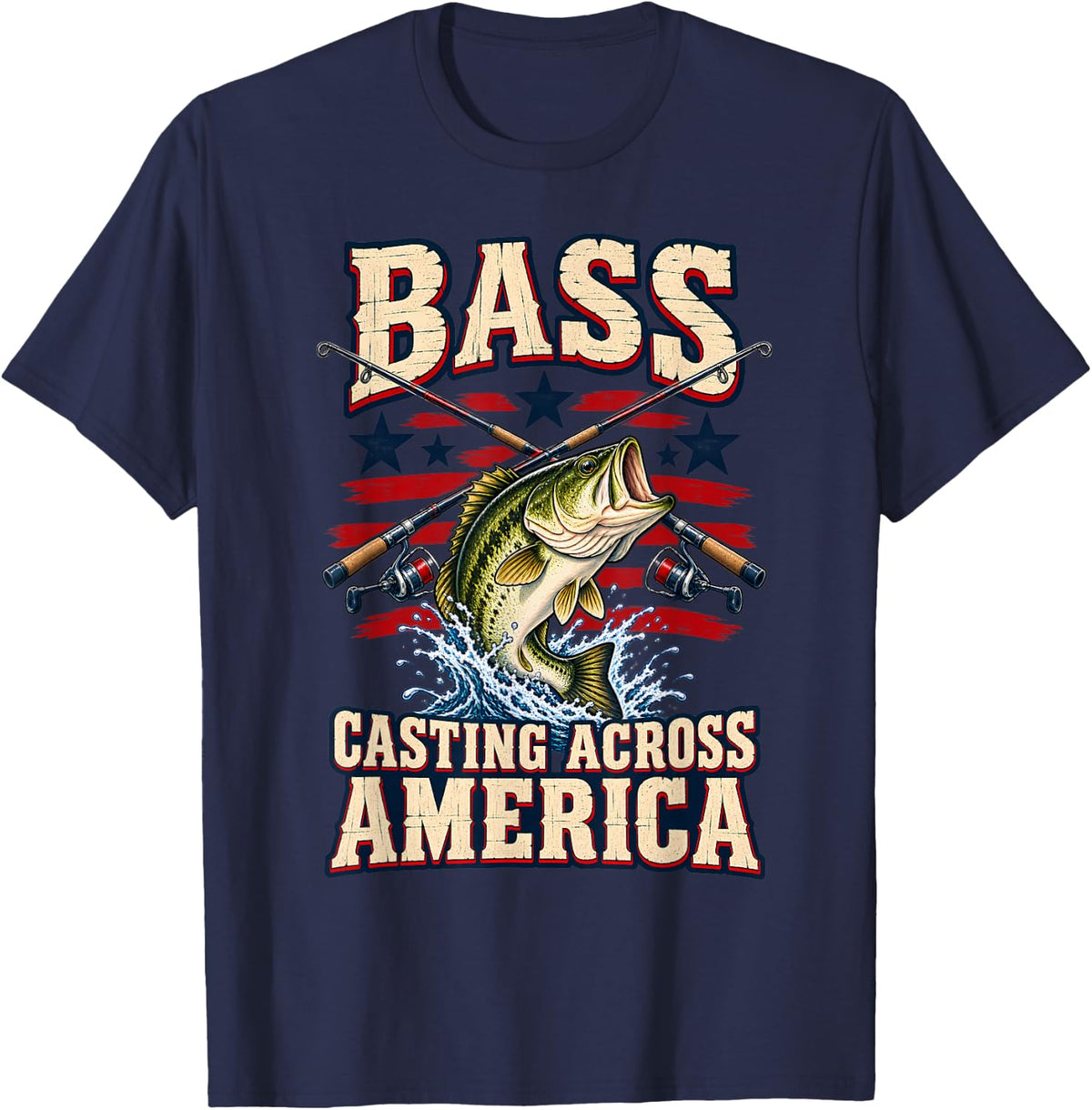 Fishing Bass Fish Fisherman American Flag T-Shirt - Navy Blue
