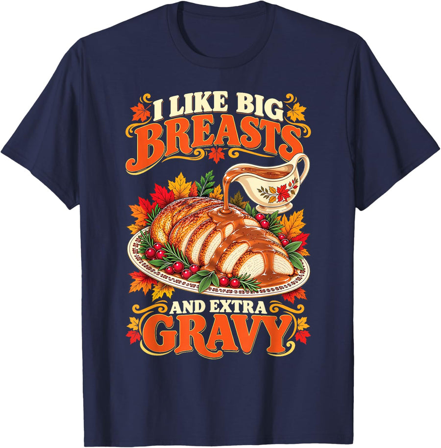 Funny Thanksgiving Adult Humor Turkey Breast Innuendo Gag T-Shirt - Navy Blue