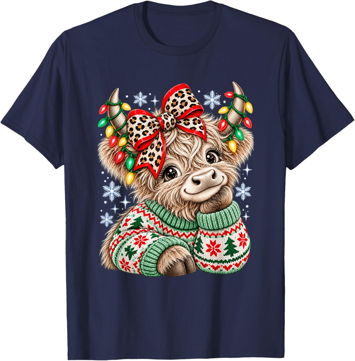 Christmas Highland Cow Cute Cow Leopard Coquette Bow T-Shirt - Navy Blue