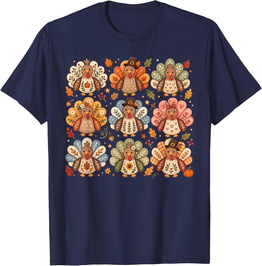 Boho Turkey Thanksgiving Preppy Fall Wild Turkey T-Shirt - Navy Blue