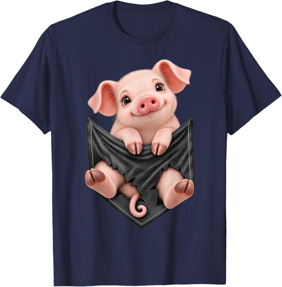 Funny Pig Pocket for Men and Women Cute Animal Graphic T-Shirt - Navy Blue