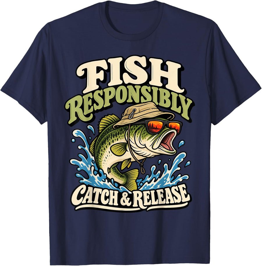 Fish Responsibly Catch and Release Funny Bass Fishing T-Shirt - Navy Blue