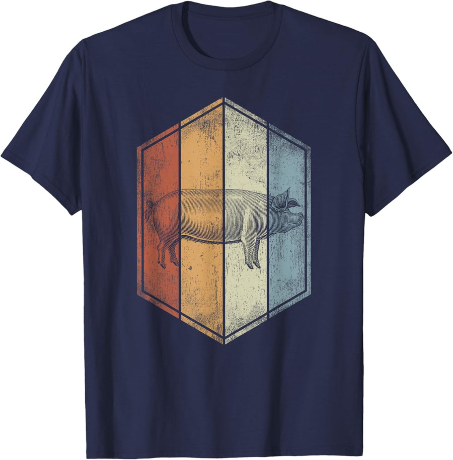 Pig Retro Vintage Style Pig Lover T-Shirt - Navy Blue