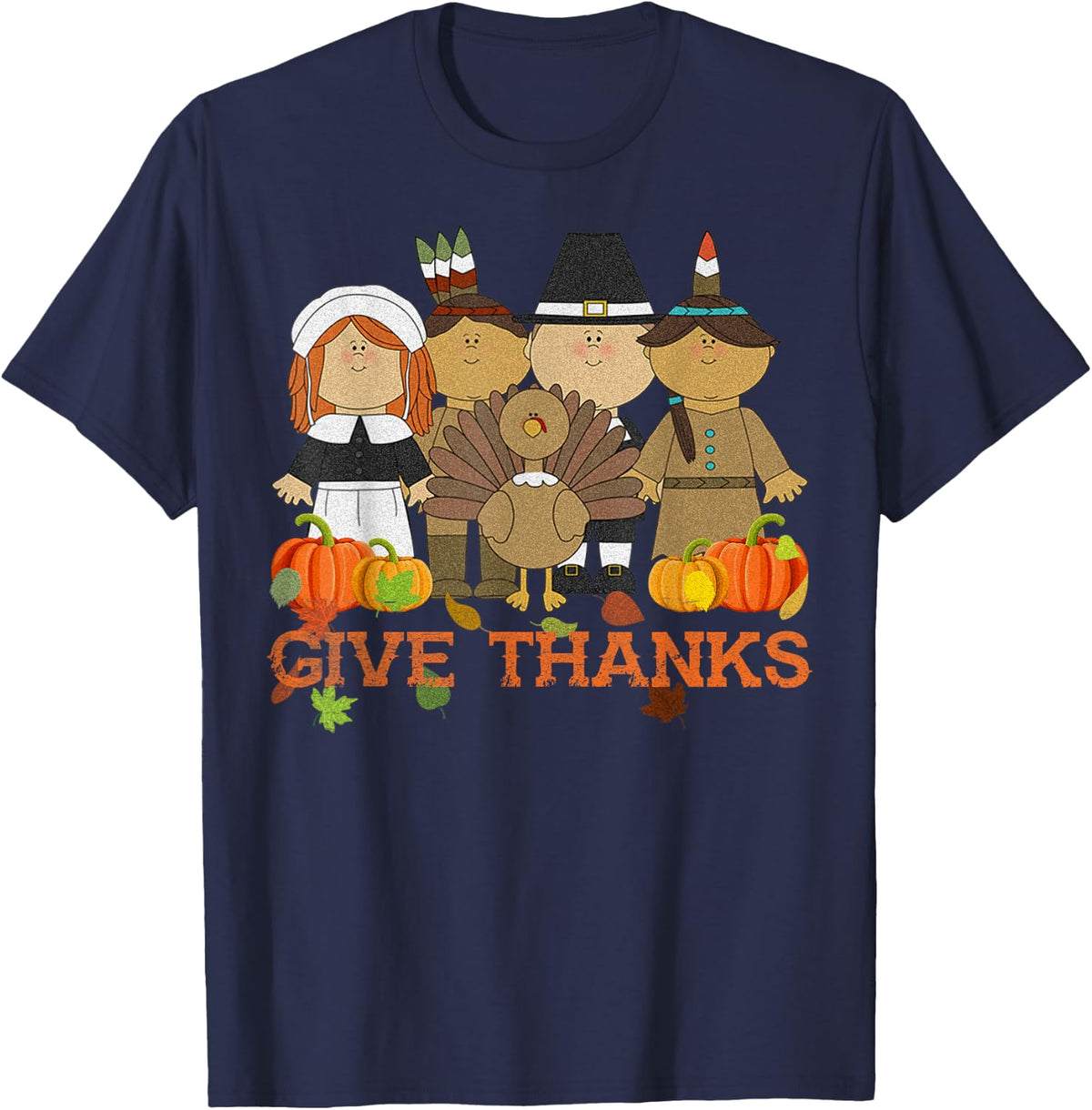 Give Thanks Shirt Pilgrim Indian Thanksgiving Day Turkey Tee T-Shirt - Navy Blue