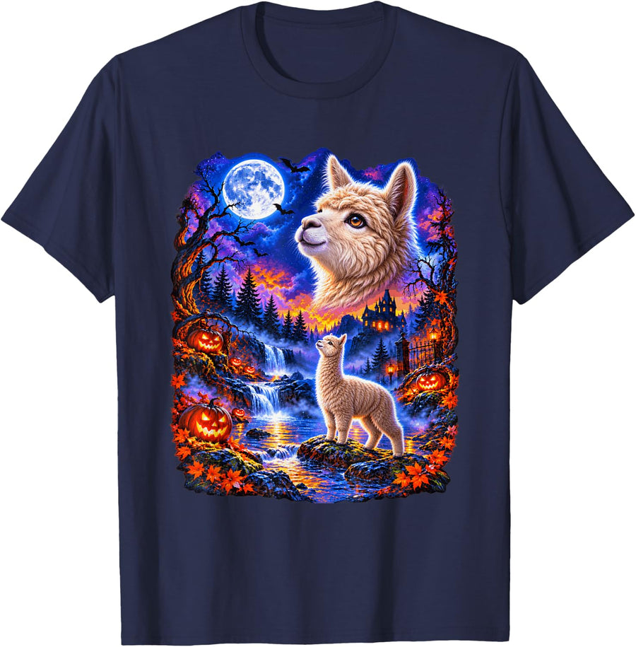 Alpaca Halloween Pumpkin Farm Animal T-Shirt - Navy Blue