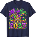 Mardi Gras 2027 Jester Mask Parade Beads Men Women Kid T-Shirt - Navy Blue