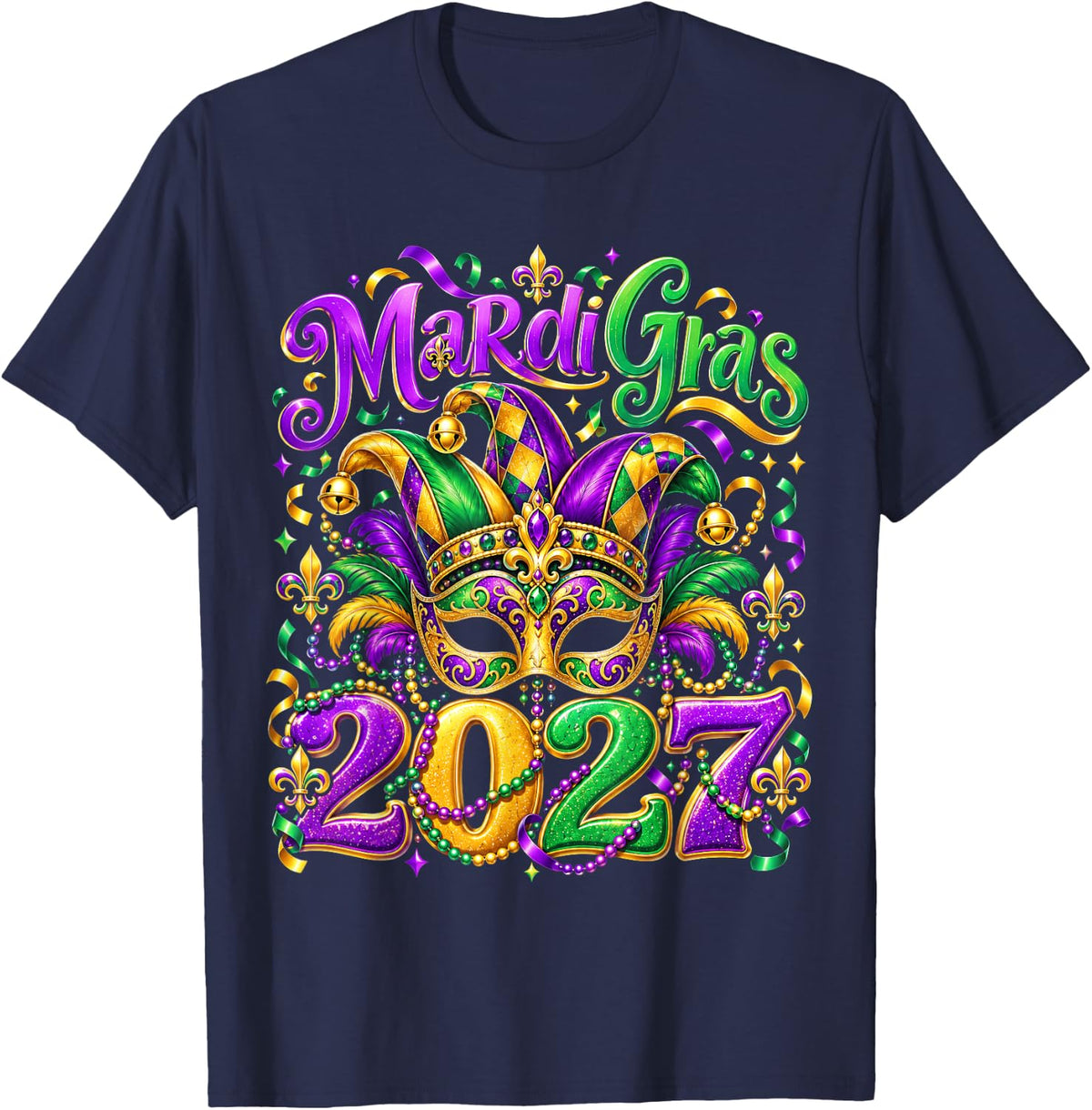 Mardi Gras 2027 Jester Mask Parade Beads Men Women Kid T-Shirt - Navy Blue