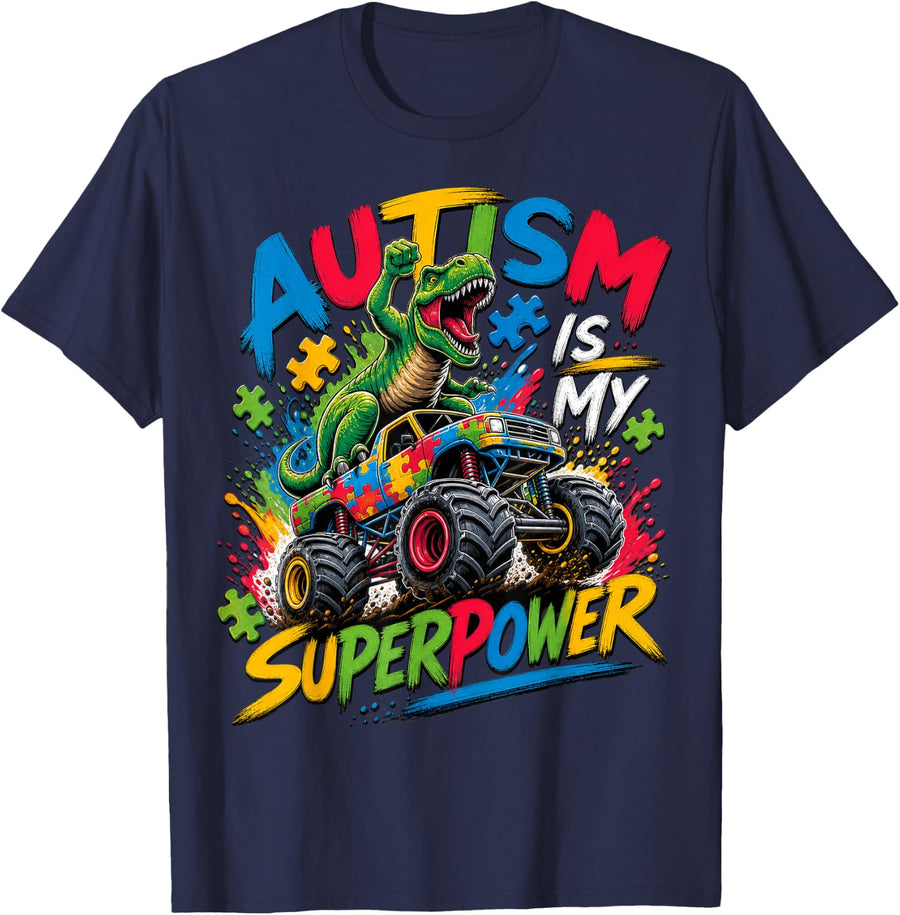 Tyrannosaurus Rex Monster Truck Autism Awareness T-Shirt - Navy Blue