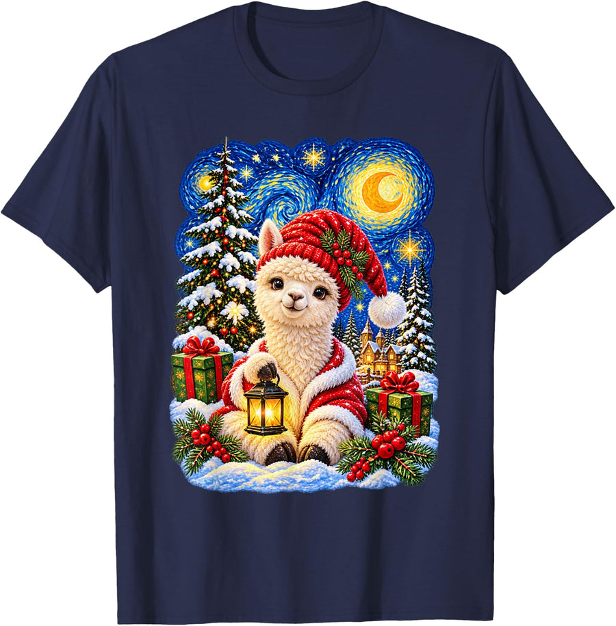 Christmas Alpaca Van Gogh Starry Sky for Men Women T-Shirt - Navy Blue
