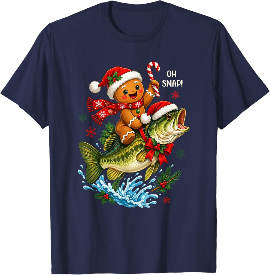 Gingerbread Riding Bass Fish Christmas Fishing Xmas T-Shirt - Navy Blue