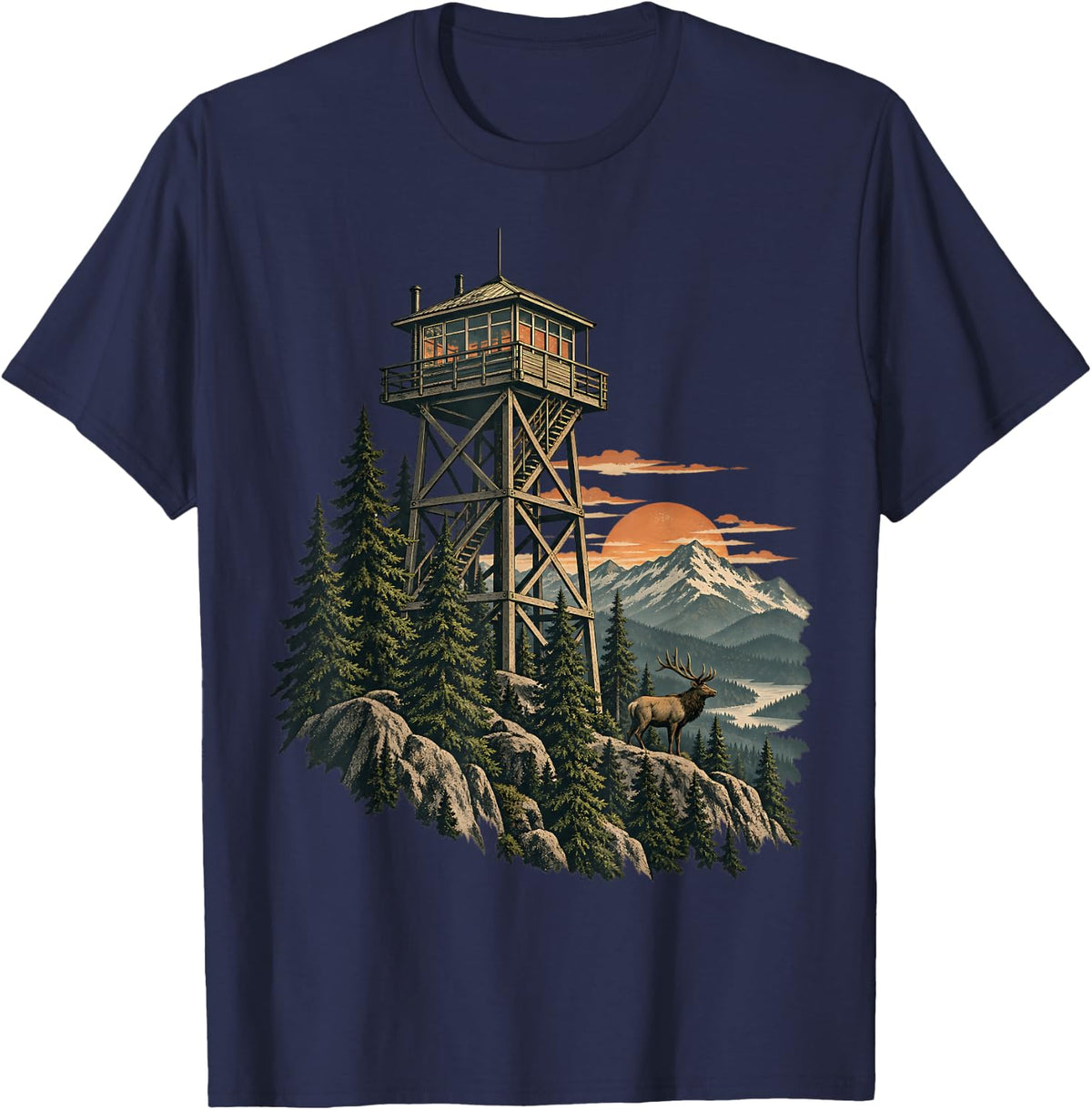 Elk Ridge Fire Lookout Tower Wilderness Art T-Shirt - Navy Blue