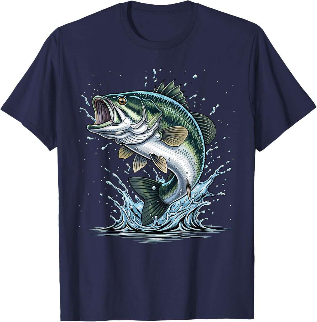 Fishing Distressed Bass Fish (Design on Back) T-Shirt - Navy Blue