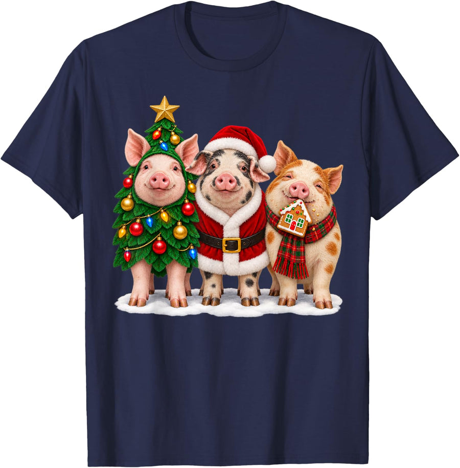Pig Christmas Funny Santa Tree Gingerbread Xmas Pig Lover T-Shirt - Navy Blue