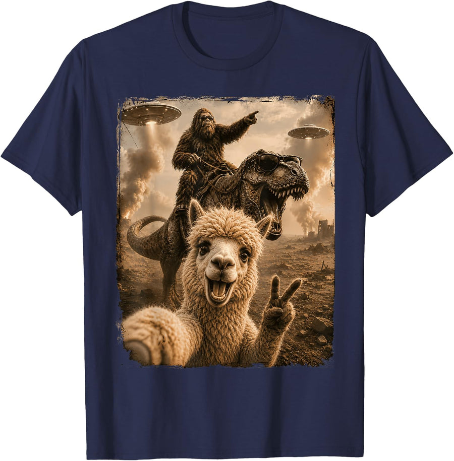 Alpaca Selfie Bigfoot T Rex UFO Funny Men Women Kid Humor T-Shirt - Navy Blue
