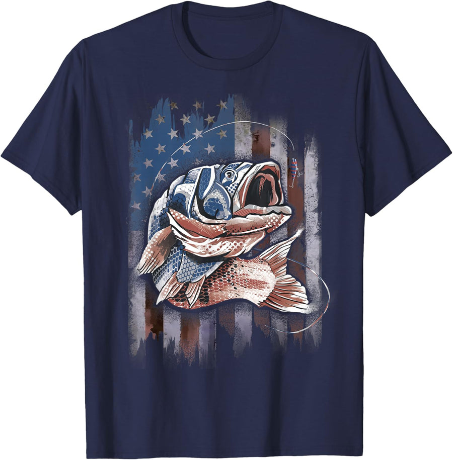 Patriotic Fishing 4th of July Men Amercian Flag Bass Fishing T-Shirt - Navy Blue