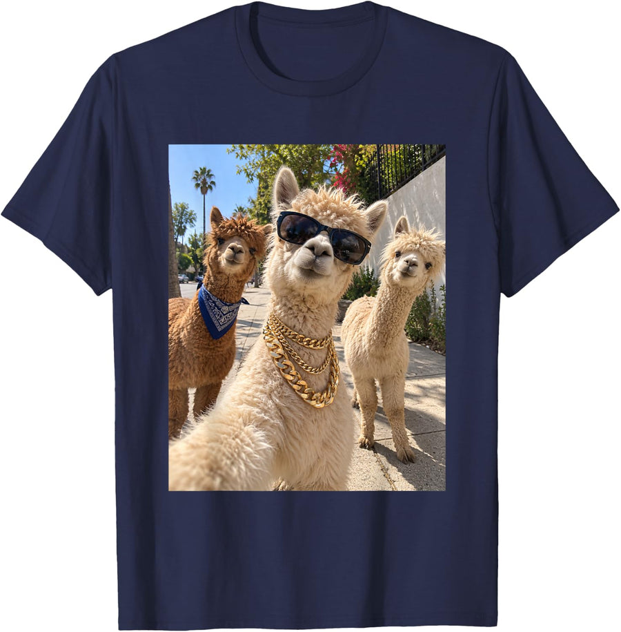 Funny Alpaca Gold Chain Crew Gangster Farm Animal Meme T-Shirt - Navy Blue