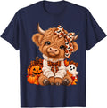 Cute Halloween Highland Cow Pumpkin Coquette Bow Ghost T-Shirt - Navy Blue