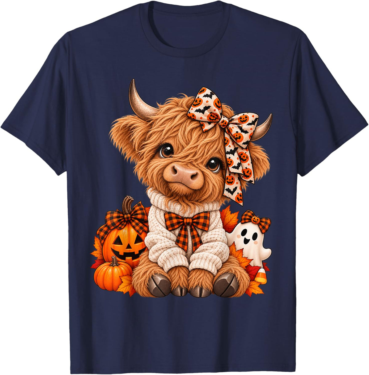 Cute Halloween Highland Cow Pumpkin Coquette Bow Ghost T-Shirt - Navy Blue