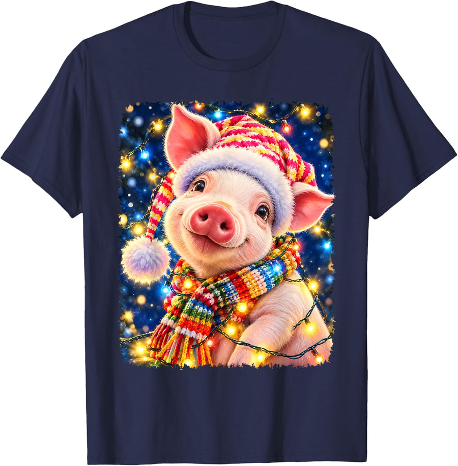 Xmas Holiday Pig Winter Hat & Scarf Christmas Tree Lights T-Shirt - Navy Blue
