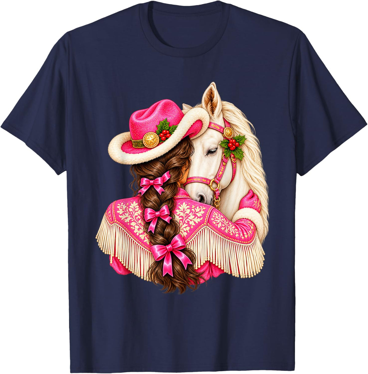 Western Christmas Cowgirl with Horse Festive Rodeo Xmas T-Shirt - Navy Blue