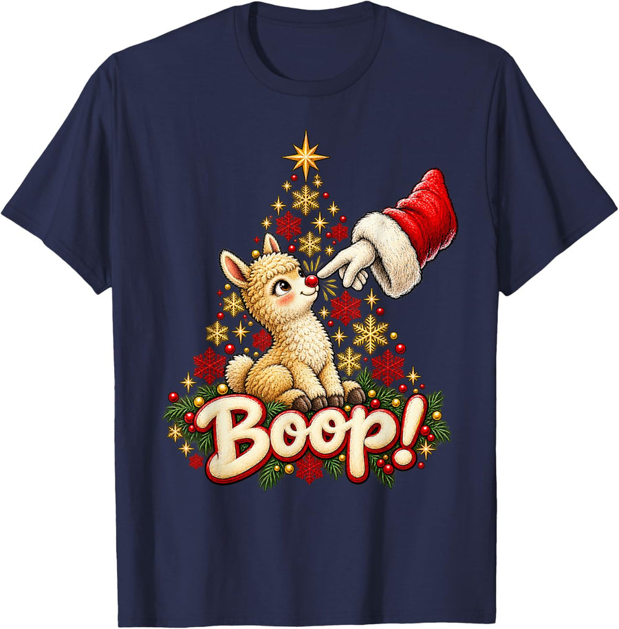 Boop! Playful Alpaca Christmas Nose Boop T-Shirt - Navy Blue