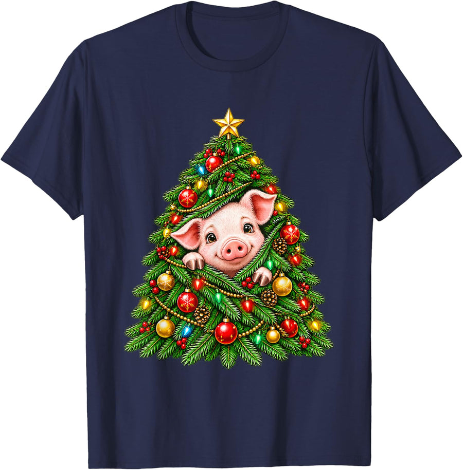 Cute Pig Peeking with Christmas Tree Festive Lights Xmas T-Shirt - Navy Blue