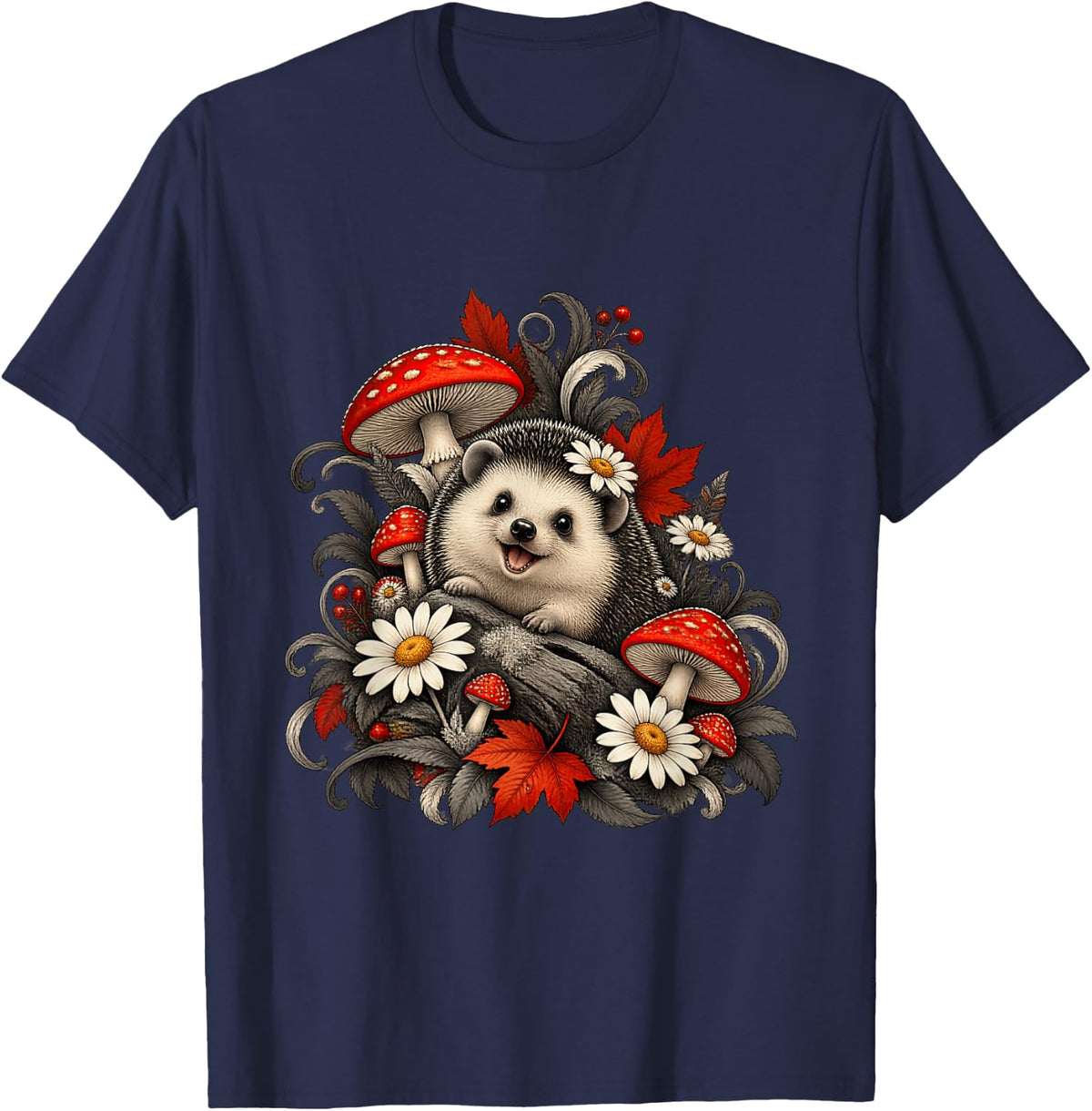 Cheerful Hedgehog with Autumn Mushrooms T-Shirt - Navy Blue