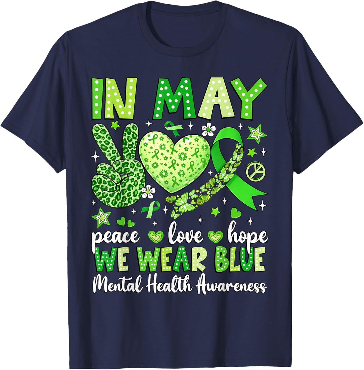 Peace Love Hope Mental Health Awareness Green Ribbon Kids T-Shirt - Navy Blue