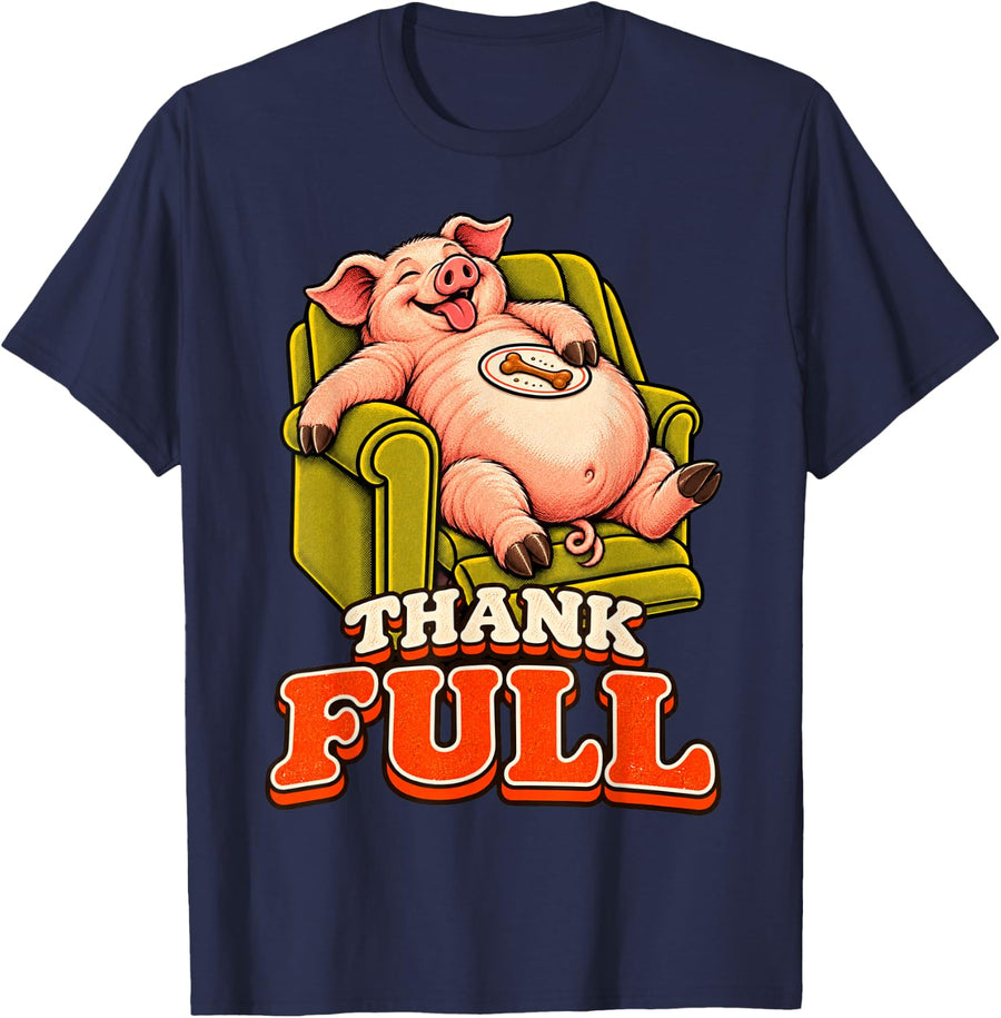 Pig Funny Turkey Day Retro Vintage Overeat Sleep Nap 70s T-Shirt - Navy Blue