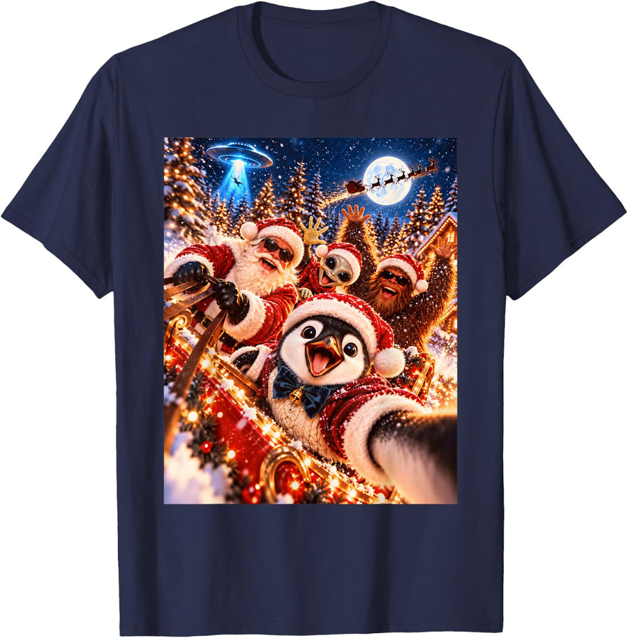 Playful Penguin Santa Christmas Selfie UFO Graphic T-Shirt - Navy Blue
