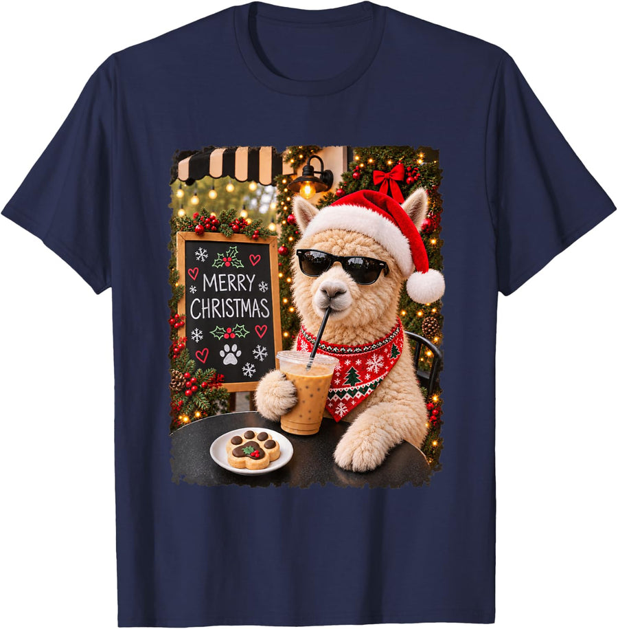 Merry Christmas Chill Alpaca Coffee Santa Hat Holiday T-Shirt - Navy Blue
