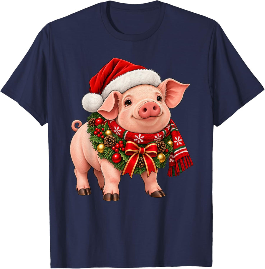 Pig Christmas Xmas T-Shirt - Navy Blue