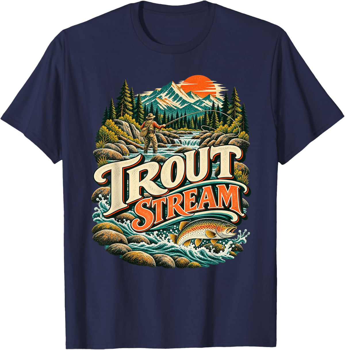 Trout Stream Vintage Fly Fishing Angler T-Shirt - Navy Blue