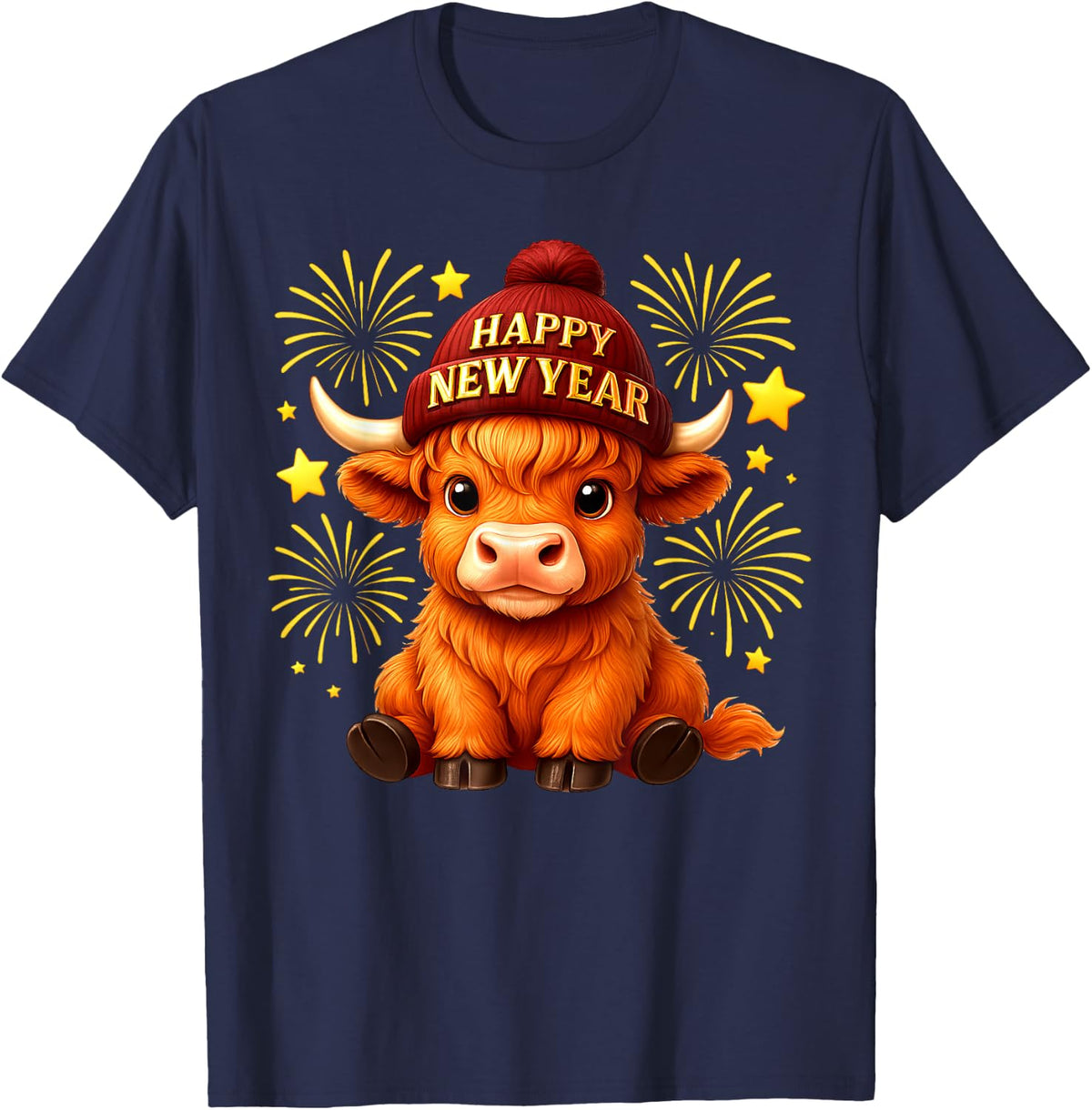 Happy New Year 2026 Highland Cow & Party Hat New Years Eve T-Shirt - Navy Blue