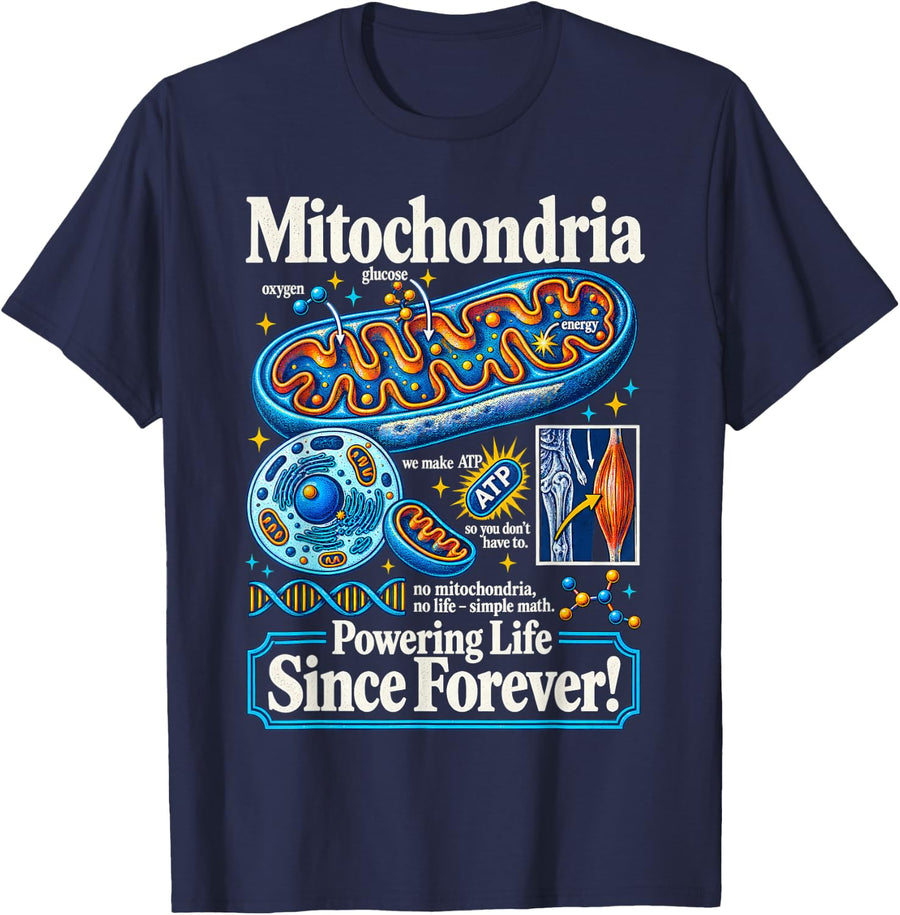 Mitochondria Powering Life Biology Science T-Shirt - Navy Blue
