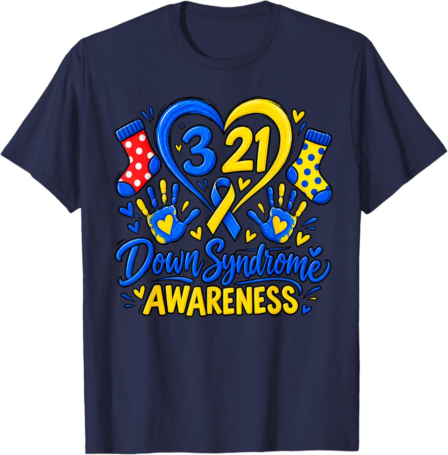 Heart Down Syndrome Awareness Month Blue Yellow Ribbon T-Shirt - Navy Blue