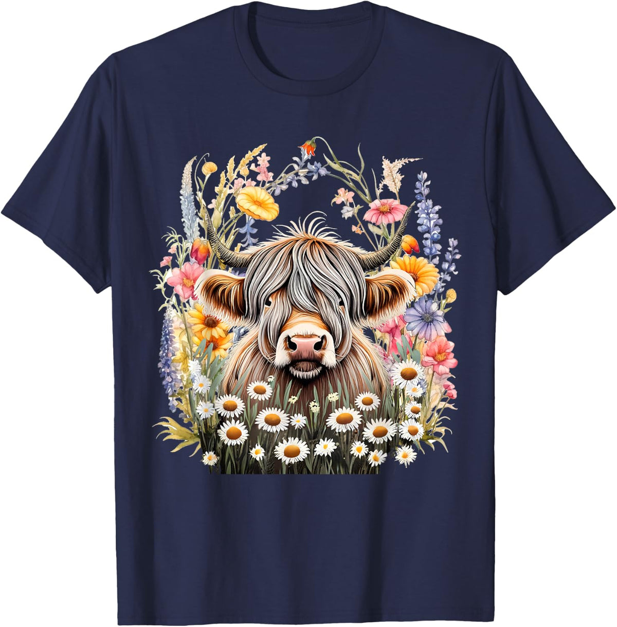 Highland Cow and Flowers perfect for Mothers Day T-Shirt - Navy Blue
