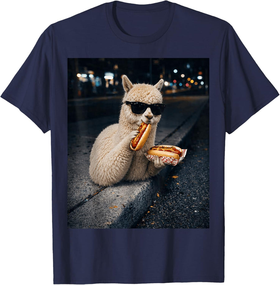 Alpaca Eating Hot Dogs Farmyard Ranch Animal Farmer Hotdogs T-Shirt - Navy Blue
