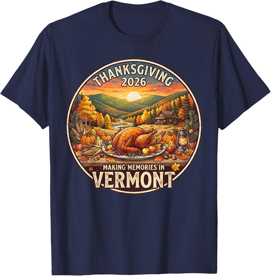 Vermont Thanksgiving 2026 Family Vacation Reunion Holiday T-Shirt - Navy Blue