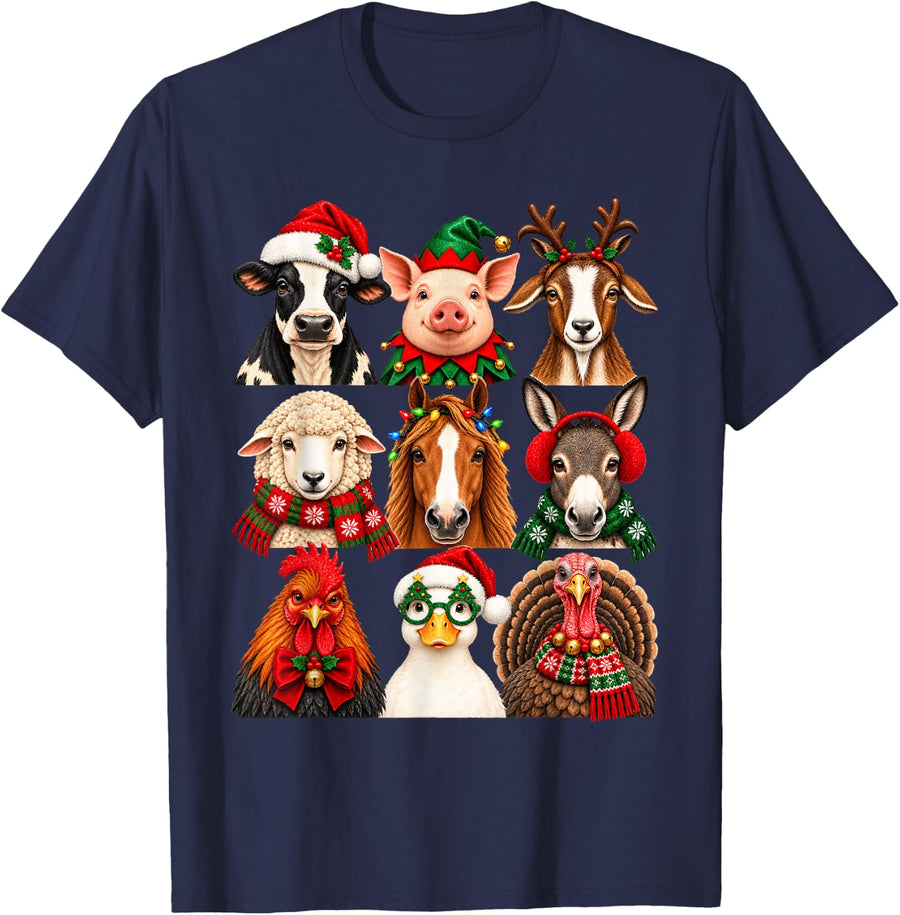 Cute Farm Animals Christmas Festive Barnyard T-Shirt - Navy Blue