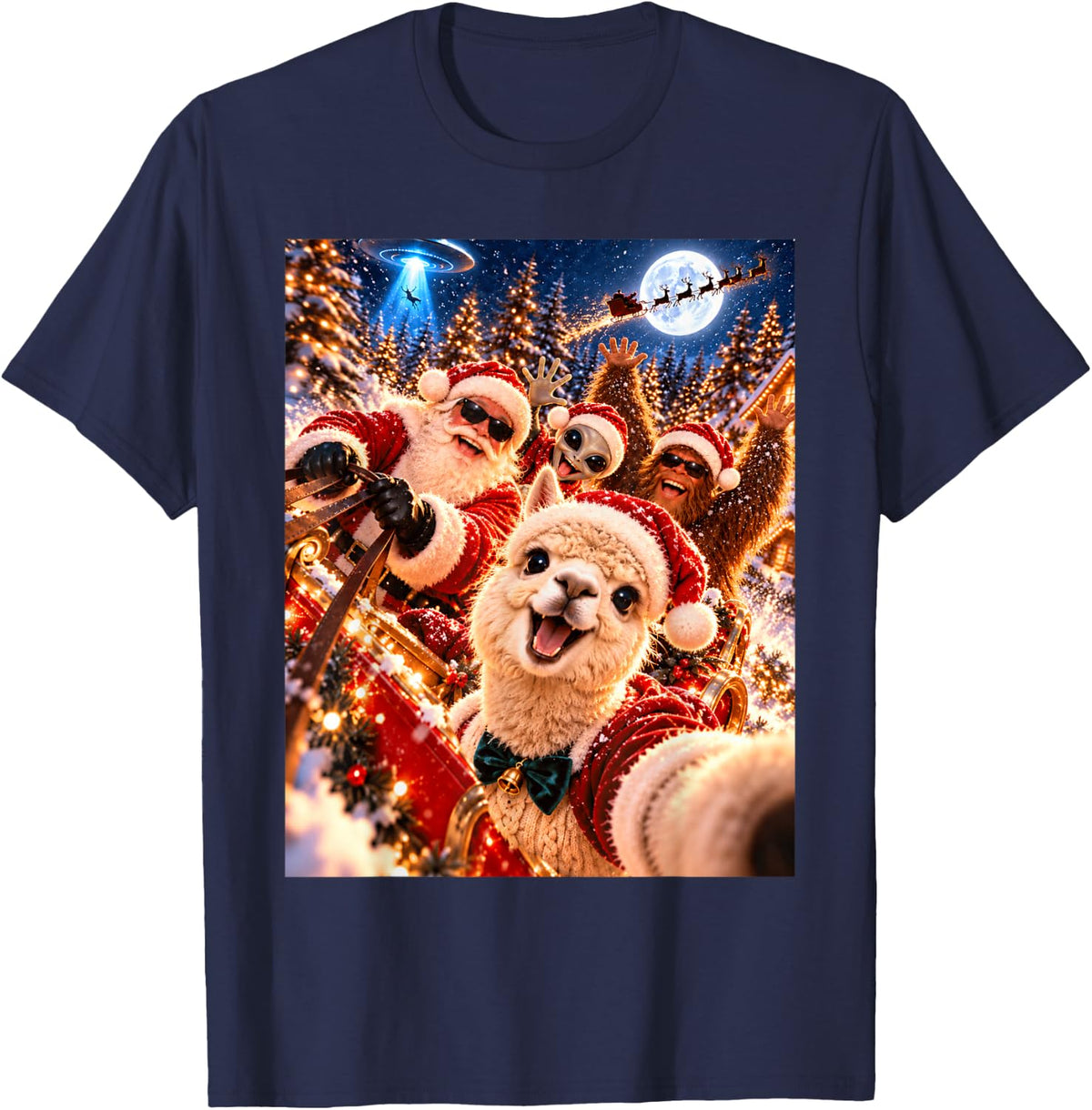 Playful Alpaca Santa Christmas Selfie UFO Graphic T-Shirt - Navy Blue