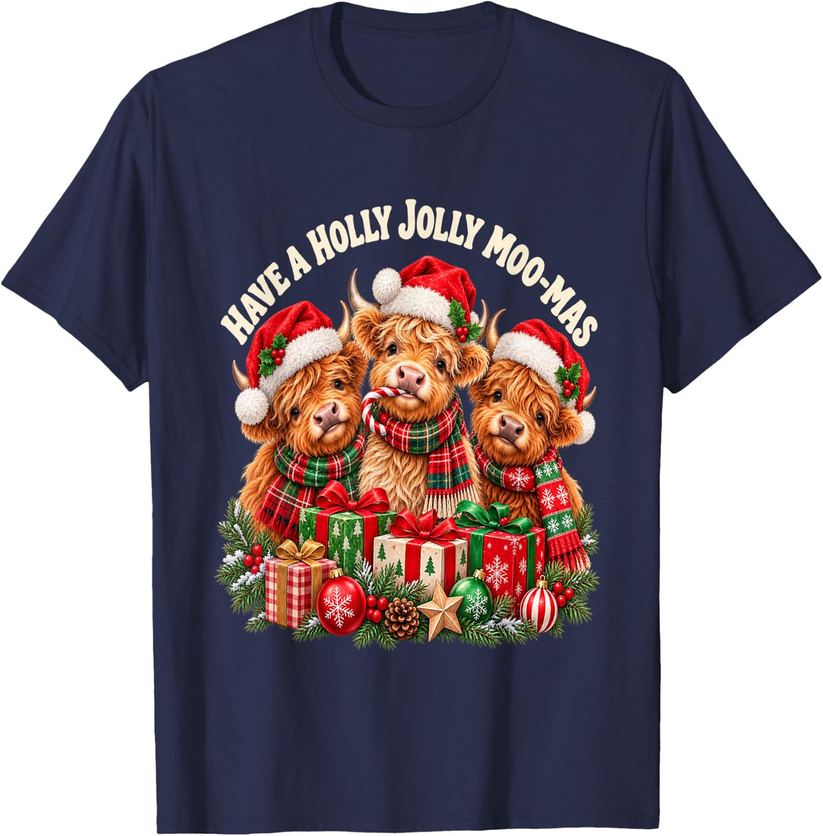 Have A Holly Jolly Moo-Mas Highland Cow Christmas T-Shirt - Navy Blue