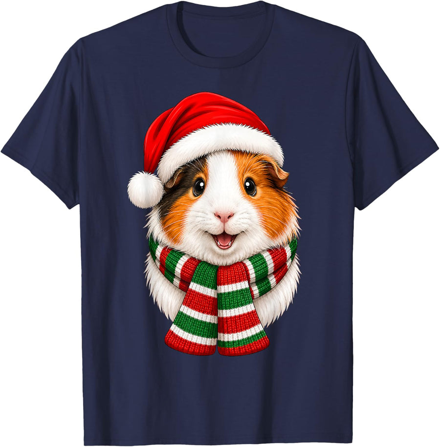 Guinea Pig Christmas Santa Hat Scarf Fun Animal Lover Xmas T-Shirt - Navy Blue