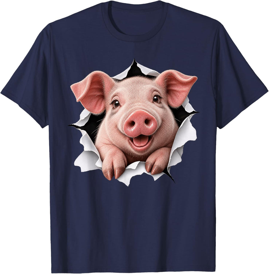 Funny Pig Peeking Cute Zoo Animal Lover T-Shirt - Navy Blue