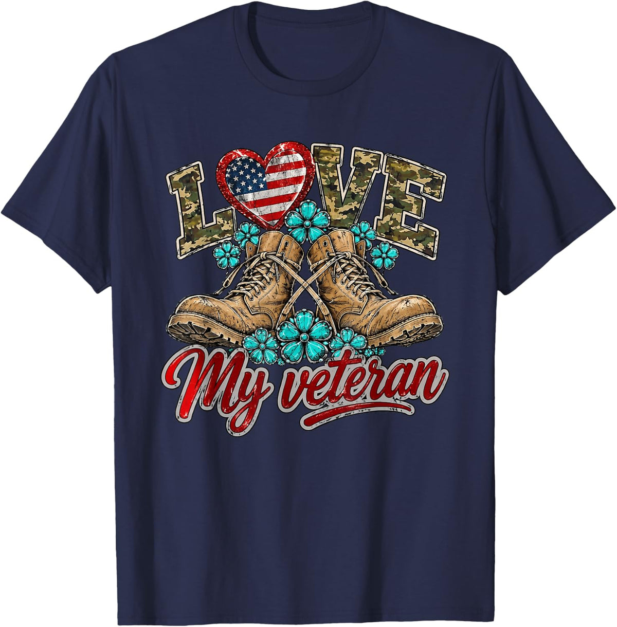 Camouflage US Flag Wife Girlfriend I Love My Veteran T-Shirt - Navy Blue