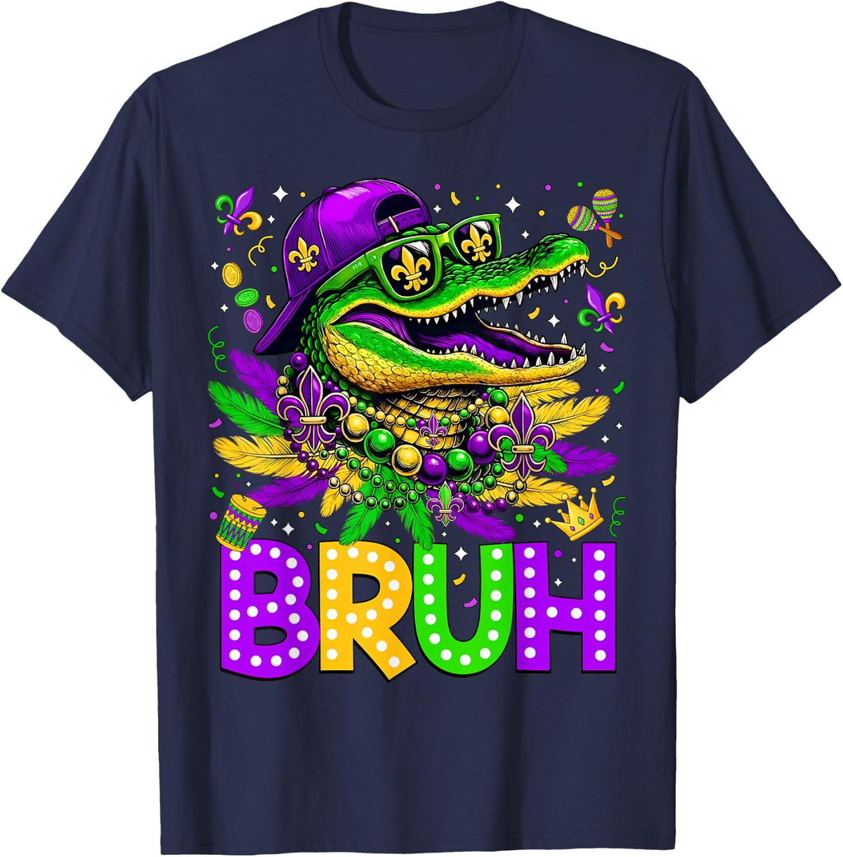 Alligator Bruh Mardi Gras Costume Carnival Teens Boys Kids T-Shirt - Navy Blue