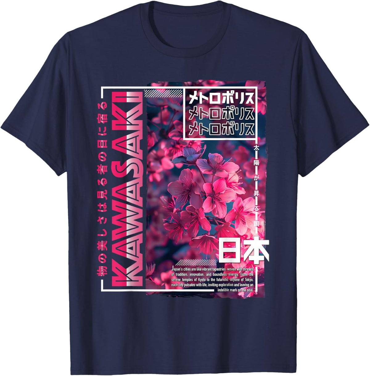 Kawasaki City 80s Synthwave Cherry Blossom Japan Kawasaki T-Shirt - Navy Blue